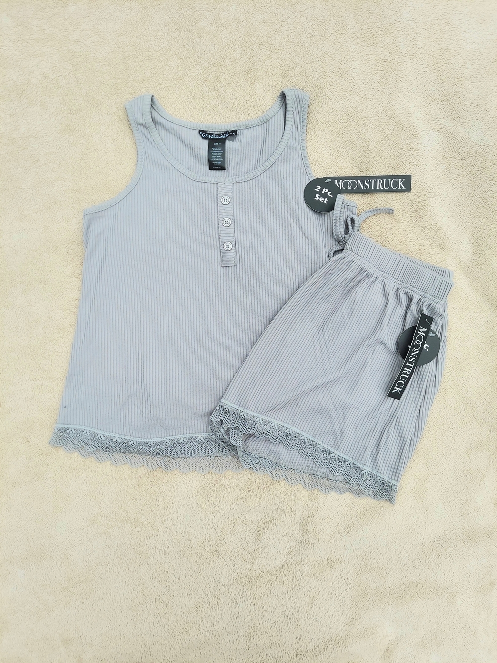 Moonstruck Gray Lace-Trim Ribbed 2 Piece Pajama Sleep Set Womens Size Medium NWT
